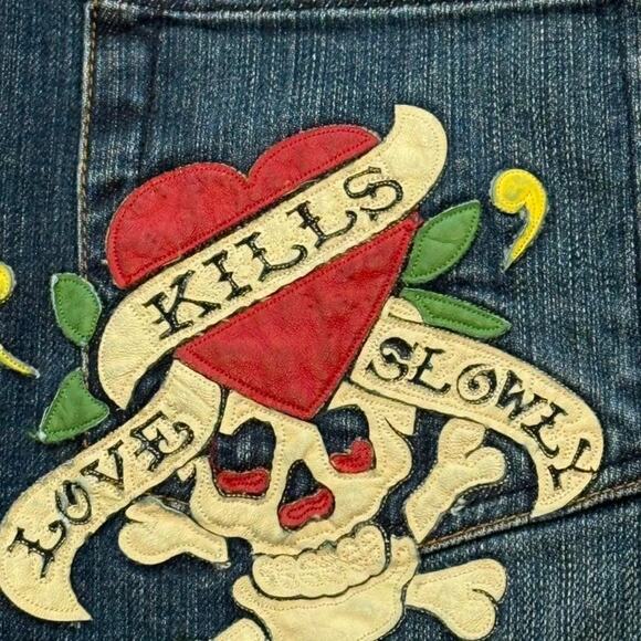 Y2K Ed Hardy Vintage Blue Denim Mini Skirt – “Love Kills Slowly” (sz 27) - Picture 2 of 7